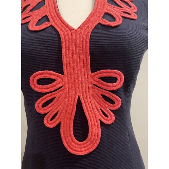 Lilly Pulitzer Sheath Dress XS 0 Navy Coral Sleeveless Embroidered Stretch Knee - Picture 4 of 12
